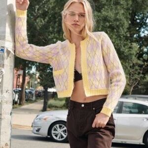 Zara Argyle Knit Metallic Wool Cardigan Sweater